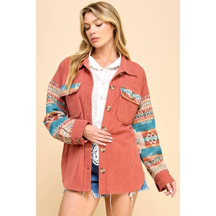 Veveret - Wholesale Jacket - Women's - Contrast Pattern Corduroy Shacket