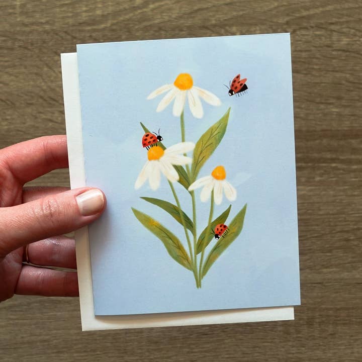 Carte de vœux « marguerites et coccinelles » - Carte de remerciement, générique ou générale pour la vente par Fun Gal Studio