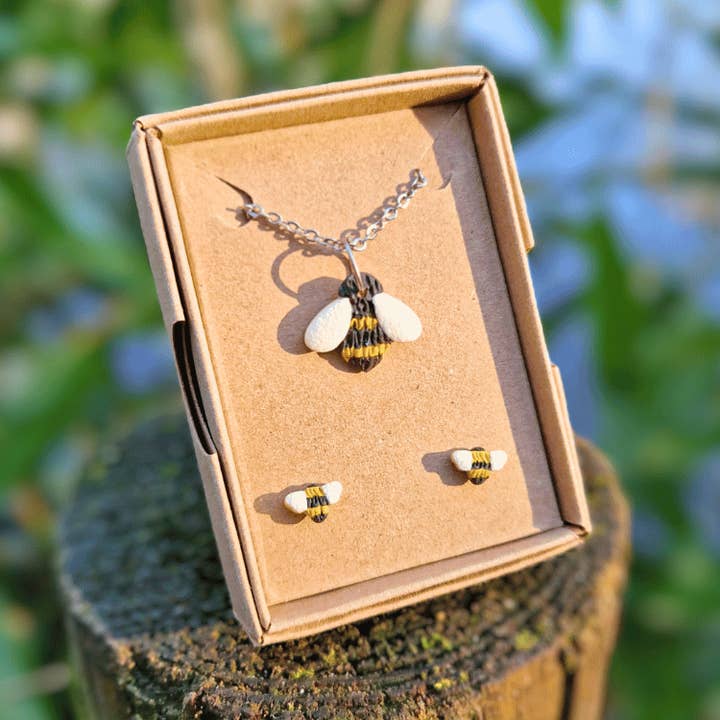 Bee Necklace and Studs Polymer Clay Jewellery Spring Set for wholesale by Green Grove Designs