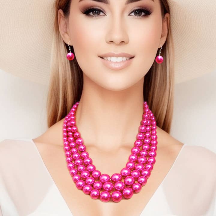 Fuschia Multi Strand Pearl Necklace Set for wholesale on Faire