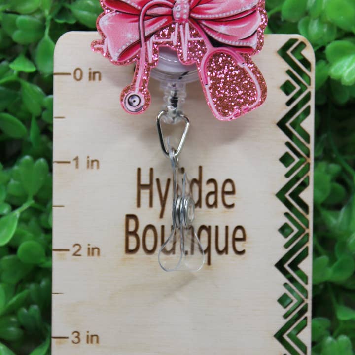 Pink Bow Stethoscope with Heartbeat Badge/ID Holder Reel for wholesale by Hylidae Boutique