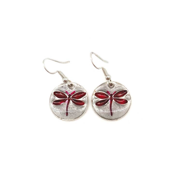 Pewter Earrings w/ Color Enamel - Dragonfly Raspberry/Grey for wholesale by Anju Jewelry