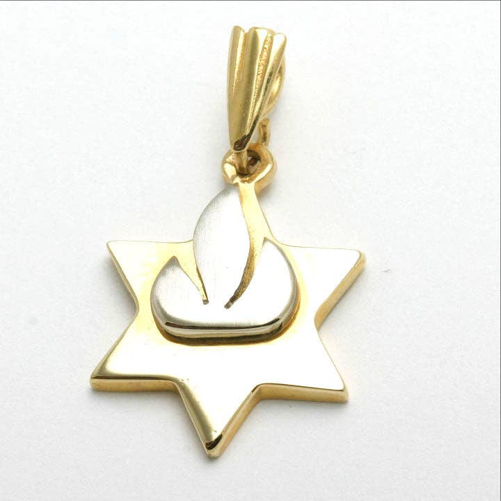 14k Yellow & White Gold Jewish Star of David Pendant Shin Flame for wholesale by Bareket Fine Jewelry
