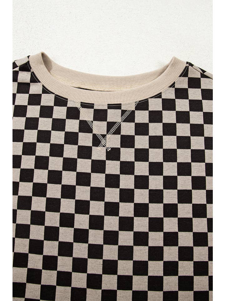 Khaki Checker Patchwork Long Sleeve Top for wholesale on Faire3