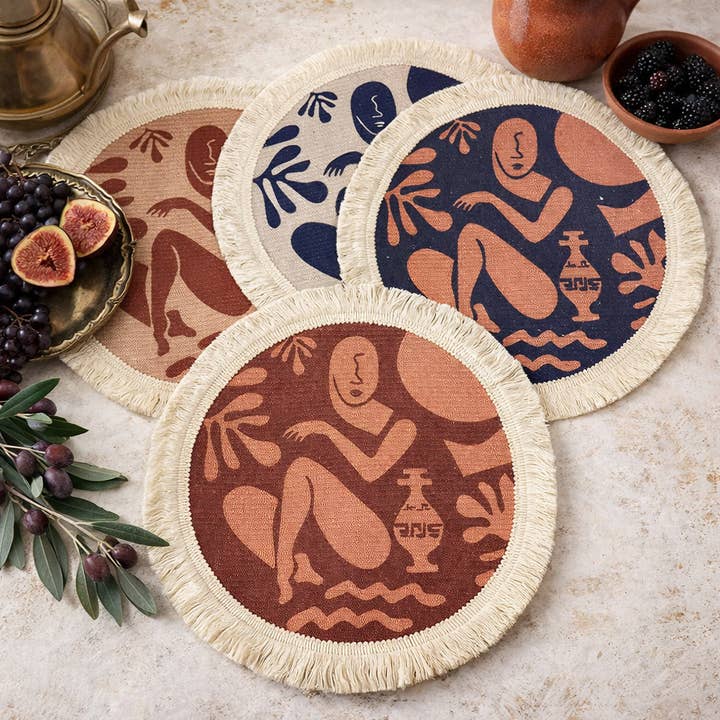 Artsy Abstract Woven Fringe 13" Round Placemat for wholesale by Fennco Styles