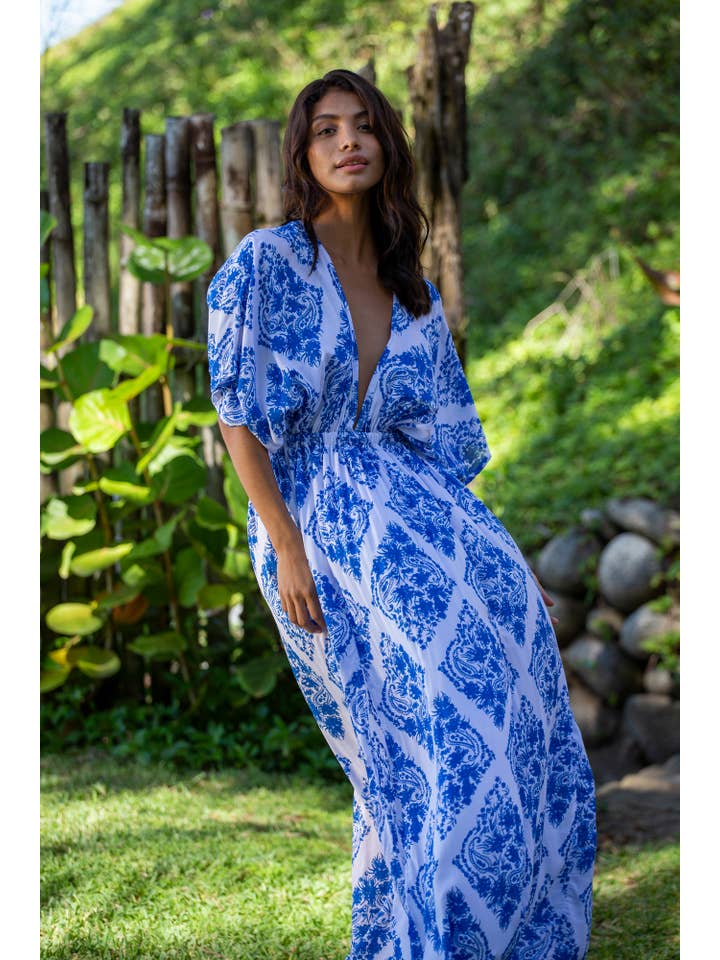 Bali Prema – wholesale Klänning - Dam – Sommar Dubbel Slit Sexig Amy Kimono Maxi Klänning i Premium St Johns Blue Diamond5