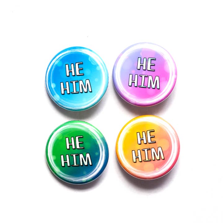 He/him pronoun pin / button for wholesale by Crafty Queer Studio