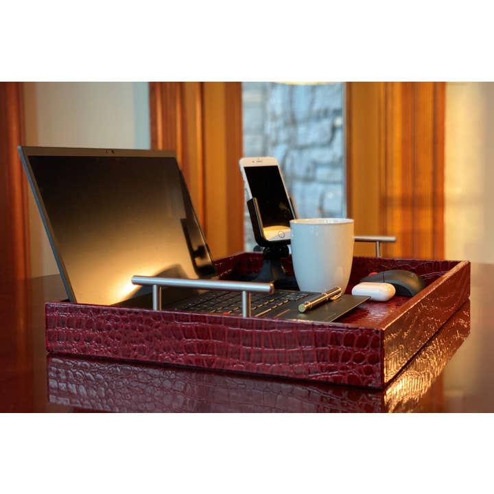 One Preevay Luxury Home Furniture & Decor – wholesale Skrivbordsorganisatör – Professionell bärbar arbetsstation | Med dubbla åtkomstportar | Premium rött präglat läder | Mycket hållbart och lätt