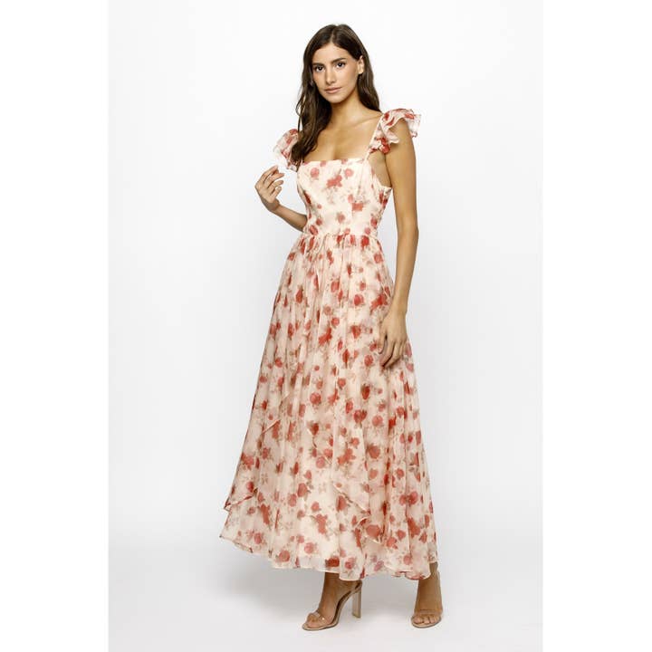 BLUSH RED FL JD6357-1- PINK FLORAL ASSYMETRIC MAXI DRESS for wholesale on Faire