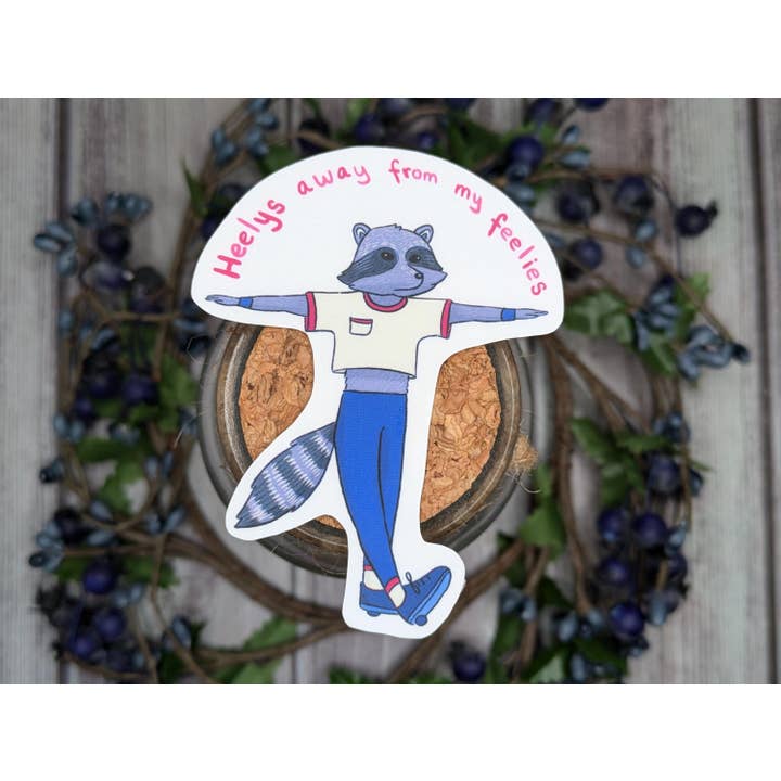 Autocolante de Vinil Recortado em Forma de Guaxinim "Heelys Away From My Feelies" por atacado de Witchbriar Cottage