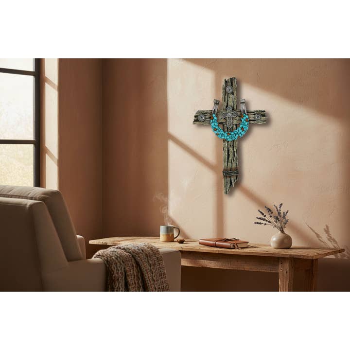 Turquoise Horseshoe on Polyresin Driftwood Wall Cross Décor for wholesale by De Leon Collections