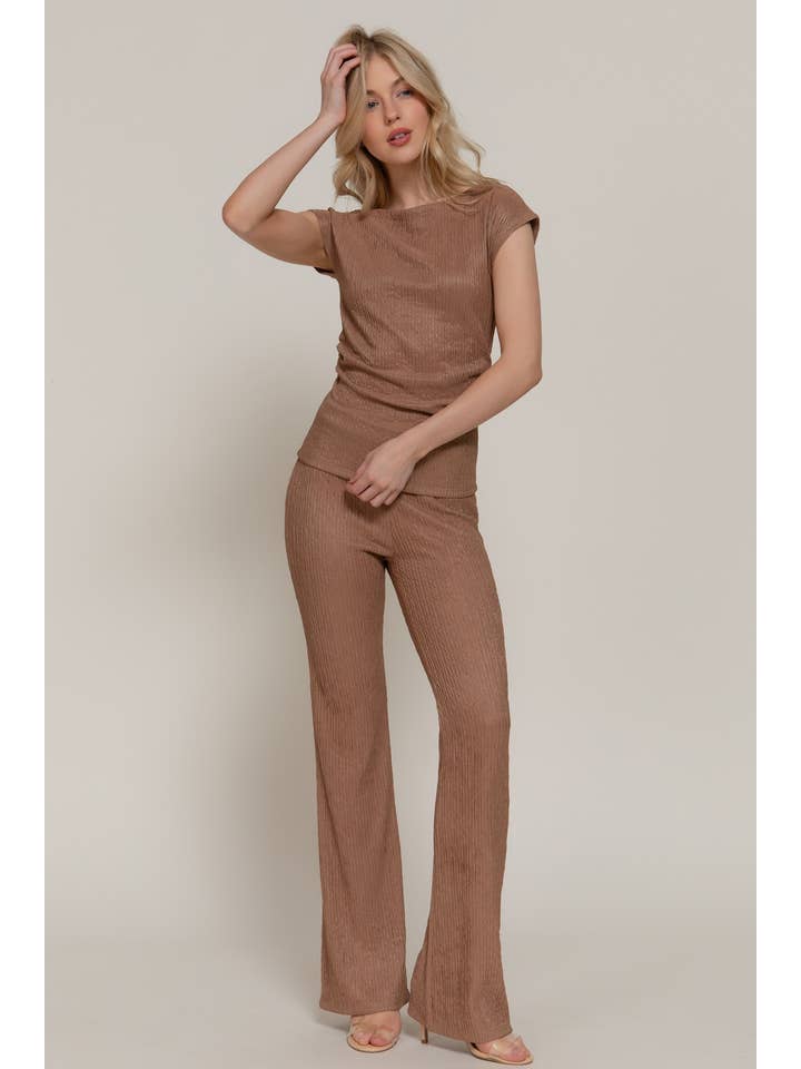 Active Basic | Active USA - Wholesale Top & Pant Set (NOT Loungewear) - Women's - Short Dolman Sleeve Top & Flare Long Pants Wavy Crinkle Set4