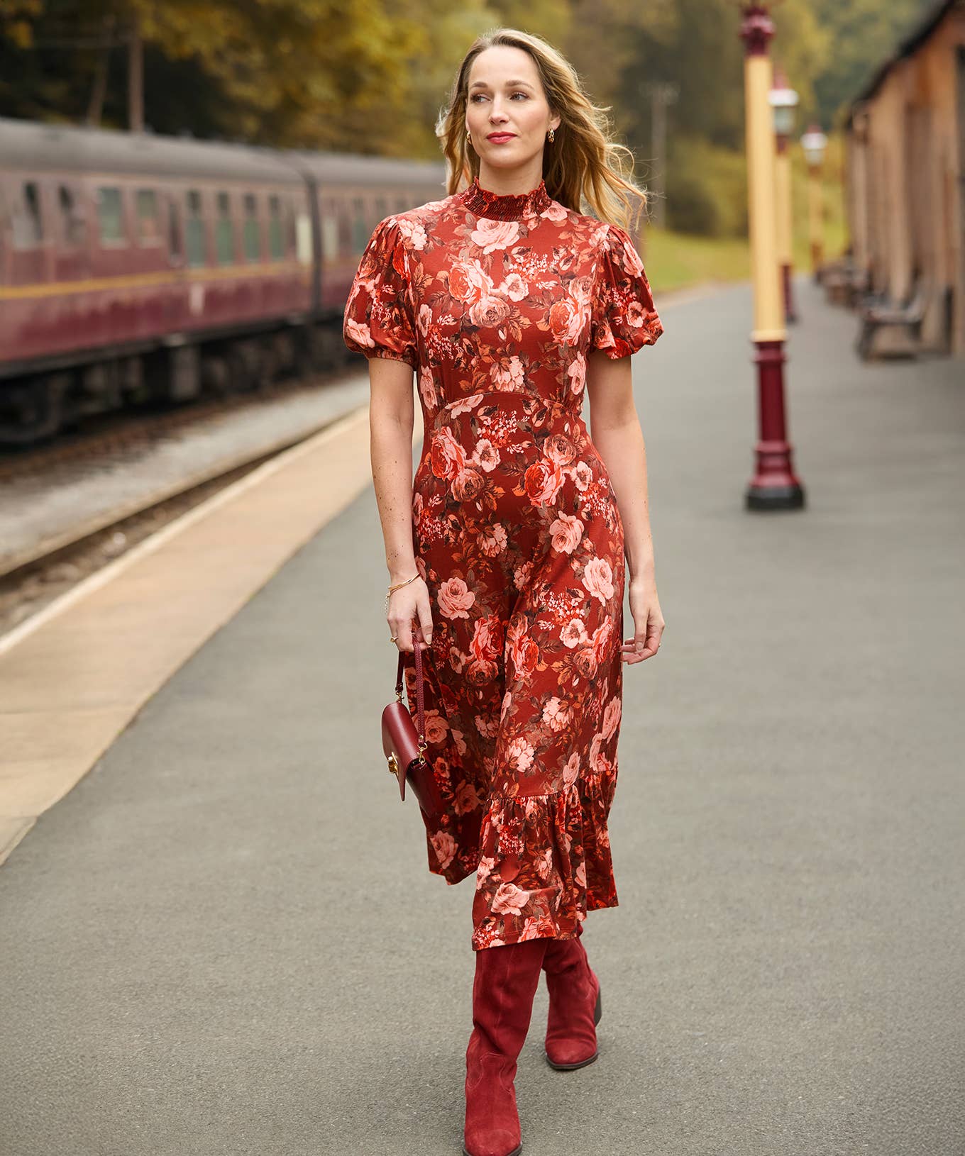 Brown All About Autumn Floral Jersey Dress for wholesale on Faire2