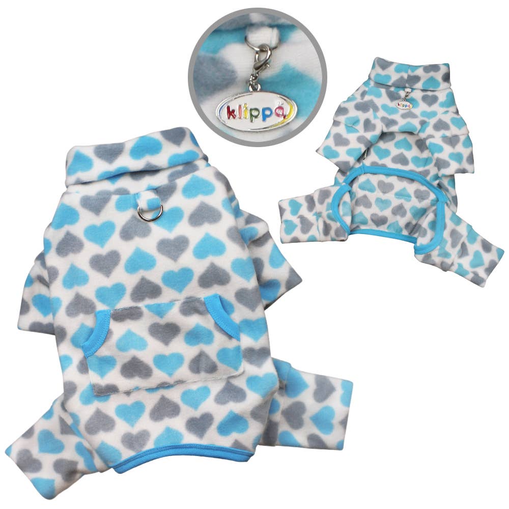 Klippo Pet - Wholesale Pet Pajamas - Dog - Blue and Gray Hearts Fleece Turtleneck Pajamas1