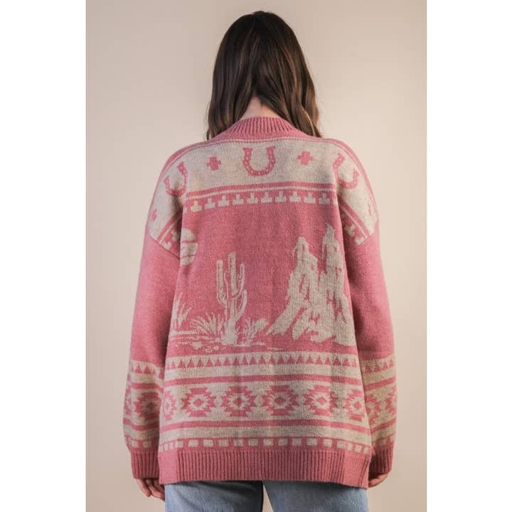 IVE - Wholesale Knit Sweater - Women's - Oversized Western Graphic Knit Sweater Cadigan9