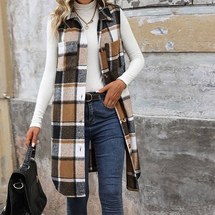UZ Wholesale Store - Wholesale Outerwear Vest - Women's - Plaid Vest With Lapel Collar And Long Length1