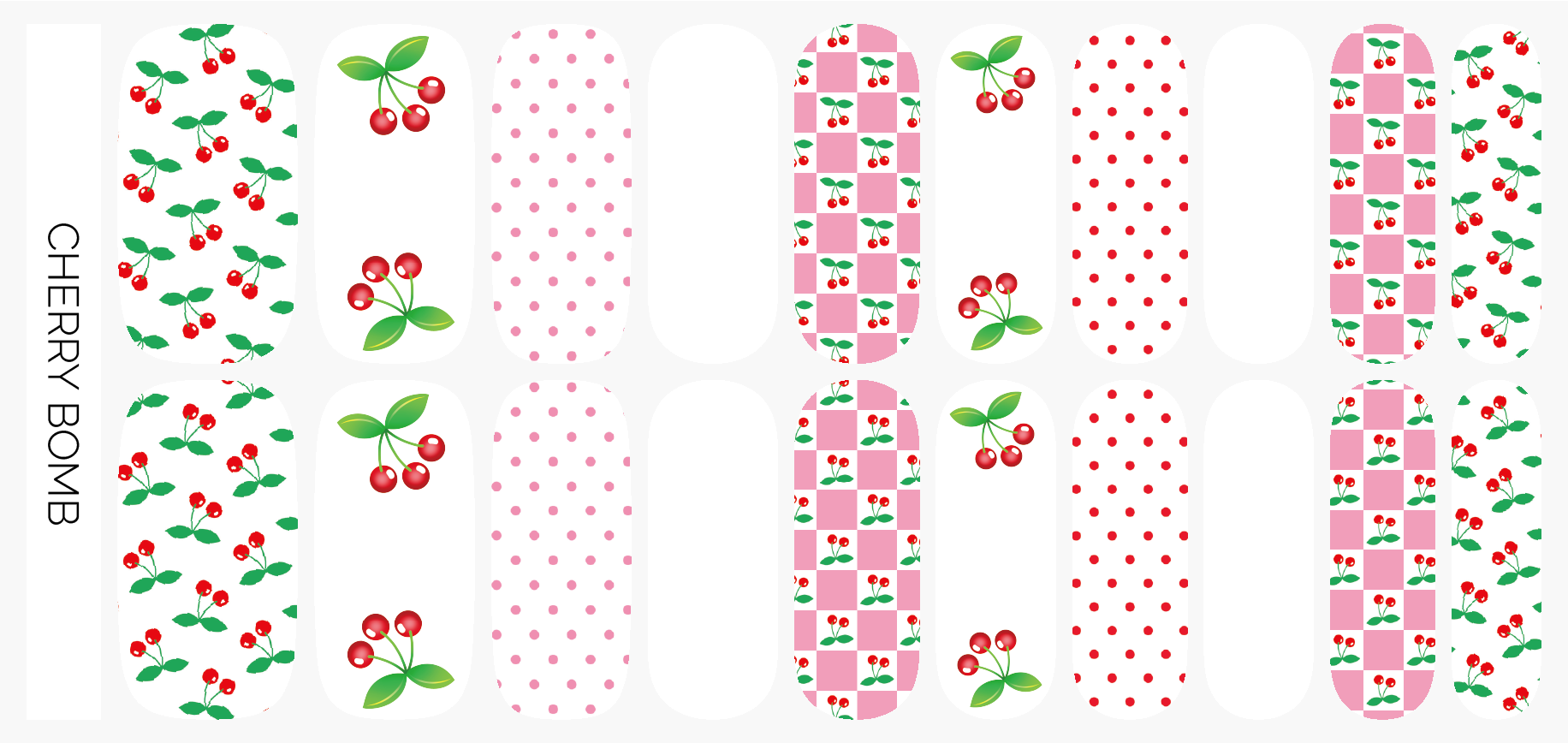 Ivy & Ash - Wholesale Nail Art/Decal - Cherry Bomb | Retro Cherry Print Pink Check Nail Wrap Set9