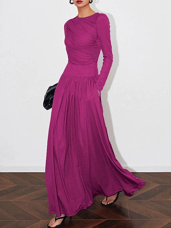 FUCHSIA Long Sleeve Pleat Solid Split-Round Maxi for wholesale on Faire