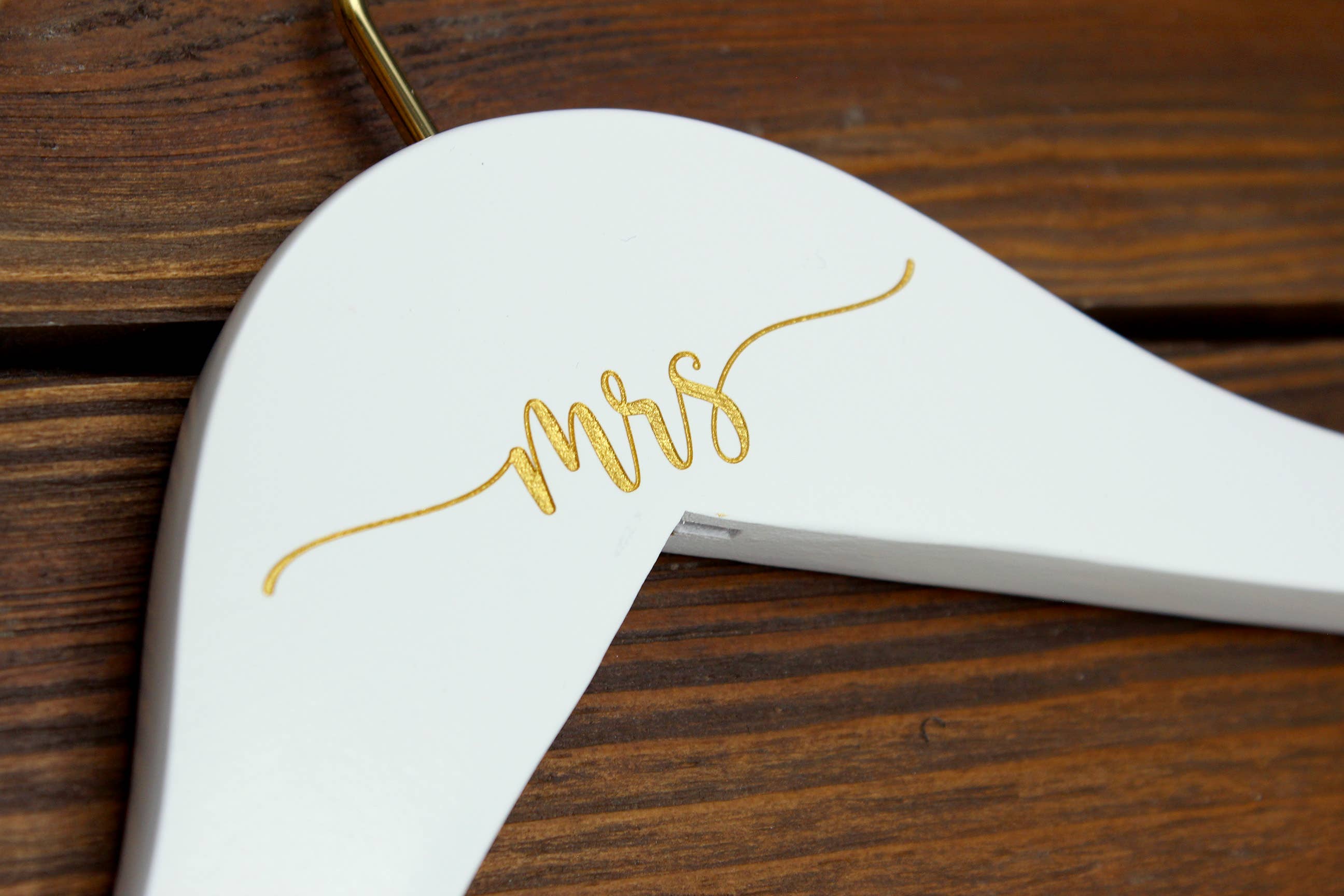 Bride and Bow - Wholesale Clothes Hangers - Mrs Gold Engraved Hanger, White with Gold Hook1