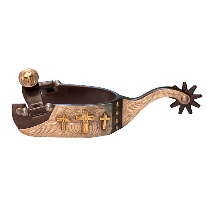 Western Show Spurs with Engraved Crosses for wholesale by Intrepid International