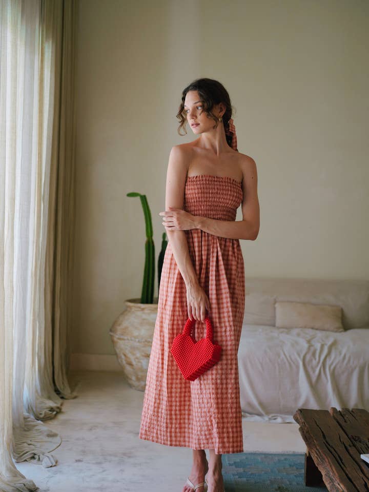 Pink Haley - Wholesale Dress - Women's - Ava Strapless Crinkle Gingham Dress in Persimmon