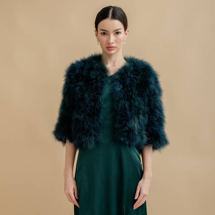 Emerald green cropped feather bridal jacket for wholesale by Liberty in Love