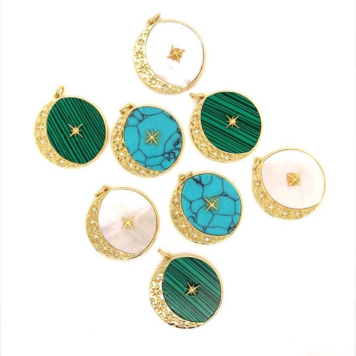 18K Pearl Celestial Moon Disc Charm, Gold Dangling Moon Pend for wholesale by The Bead Bazaar