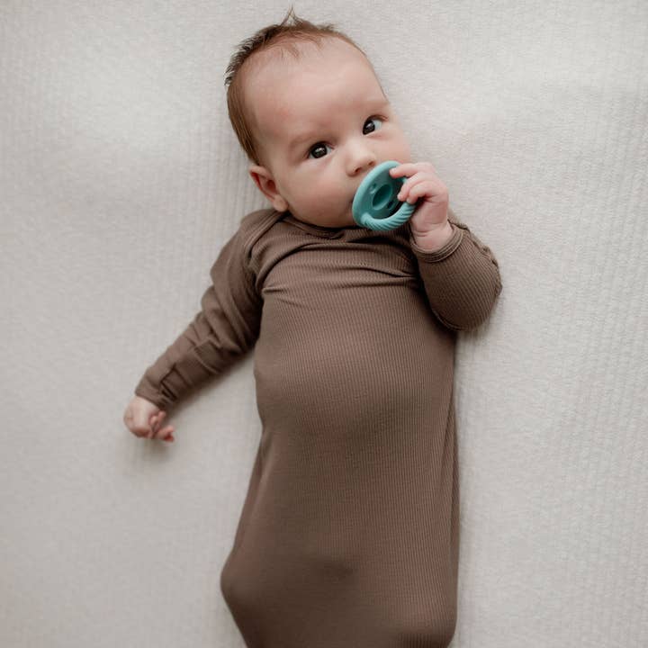 Three Little Tots - Wholesale Babygown - Baby - Cocoa Brown Ribbed Knotted Newborn Baby Gown sleepwear