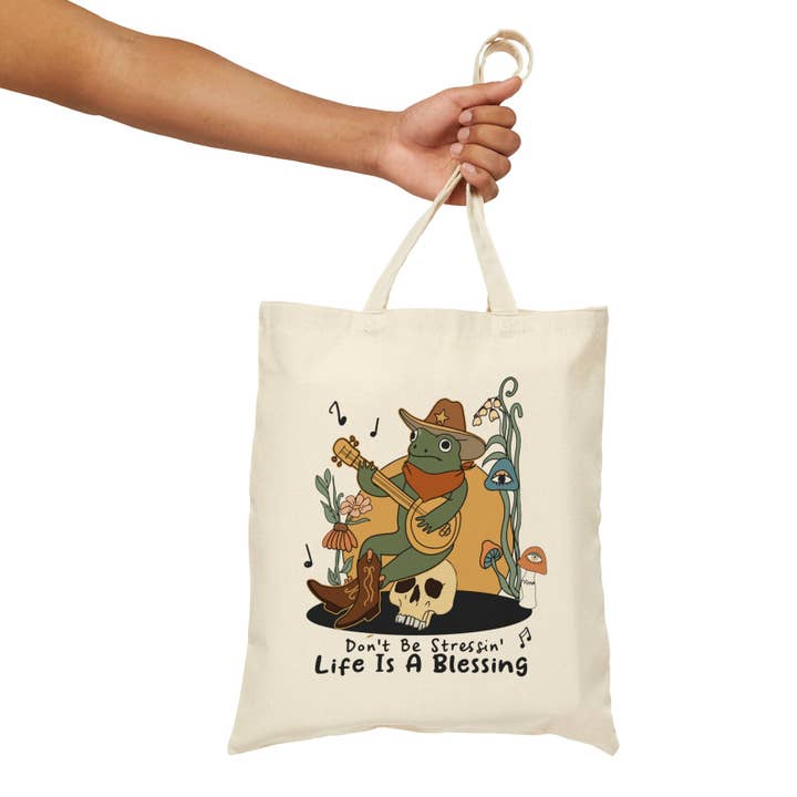 Cottagecore Cowboy Frog Printed Shopping Library Tote Bag for wholesale by Home and Honey Shop