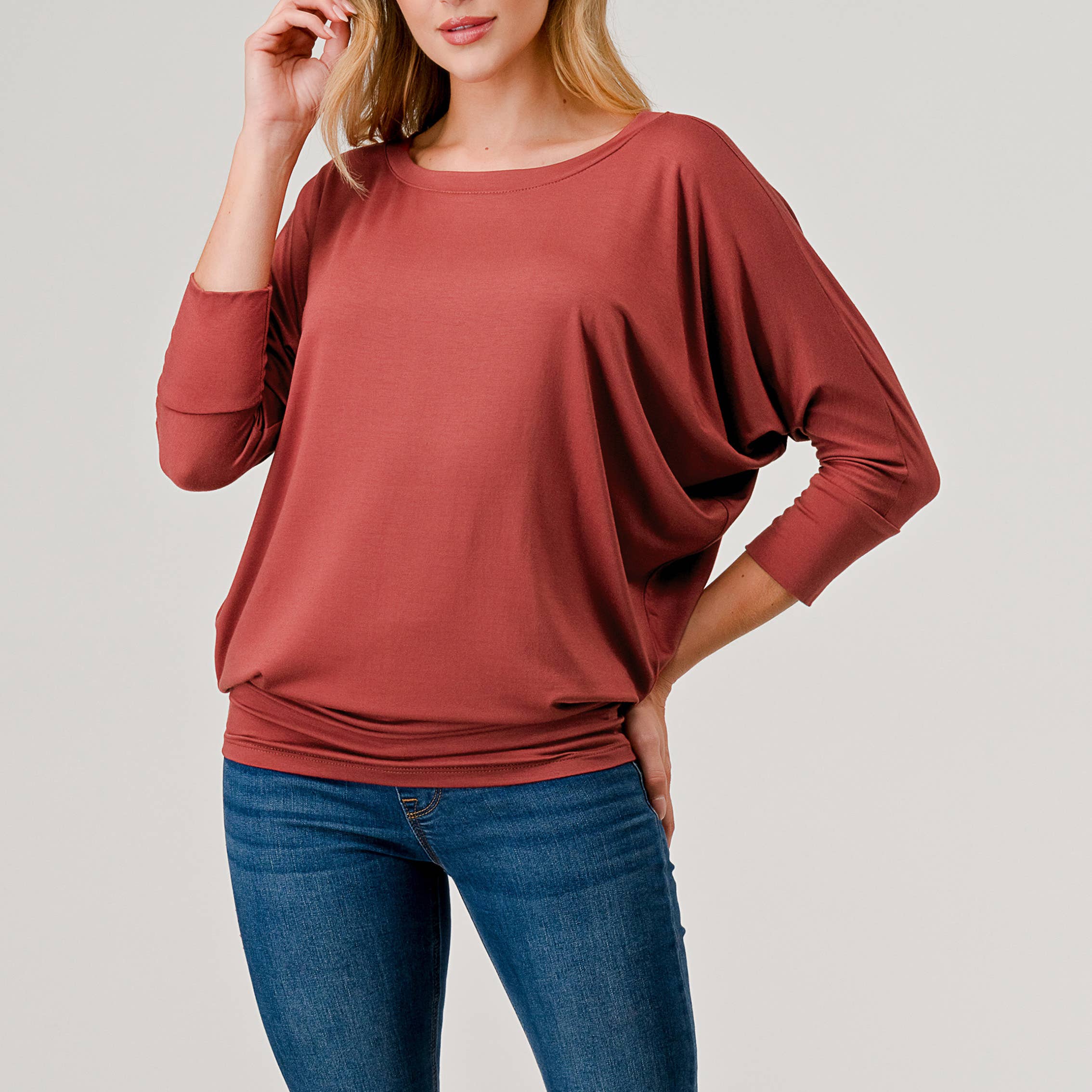 Heimious - Wholesale Knit Top - Women's - 3/4 Dolman Sleeve Round neck Modal Jersey  Top, 25031