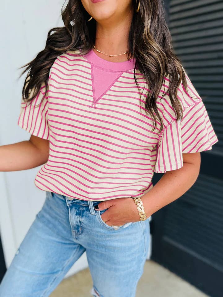 Lovesoft - Wholesale Blouse - Women's - Bright Green Contrast Detail Striped Ruffle Short Sleeve Top