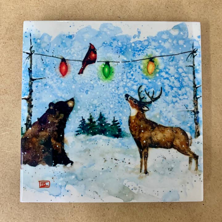 Dessous de verre en céramique 'OURS, CERF & CARDINAL' pour la vente par The Art of Dean Crouser Greeting Cards & Stickers
