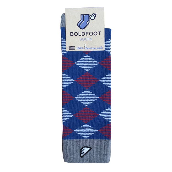 Scotsman - Red, White & Blue. American Made Dress / Casual Argyle Socks for wholesale by Boldfoot Socks