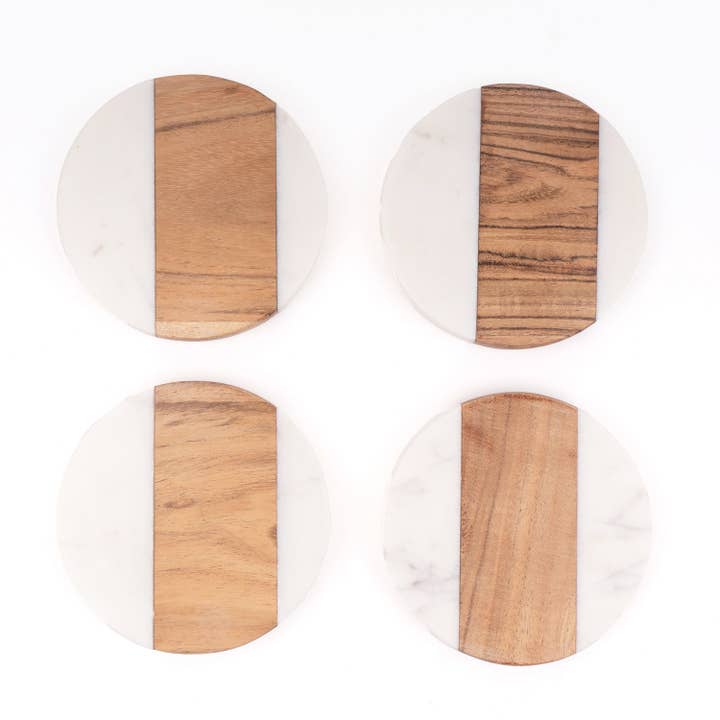 8 Oak Lane - Wholesale Coasters - Marble & Wood Round Coaster Set2