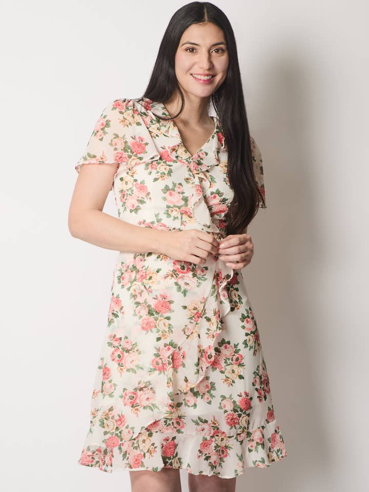 Floral Print Ruffle Wrap Dress - White for wholesale by SOLO