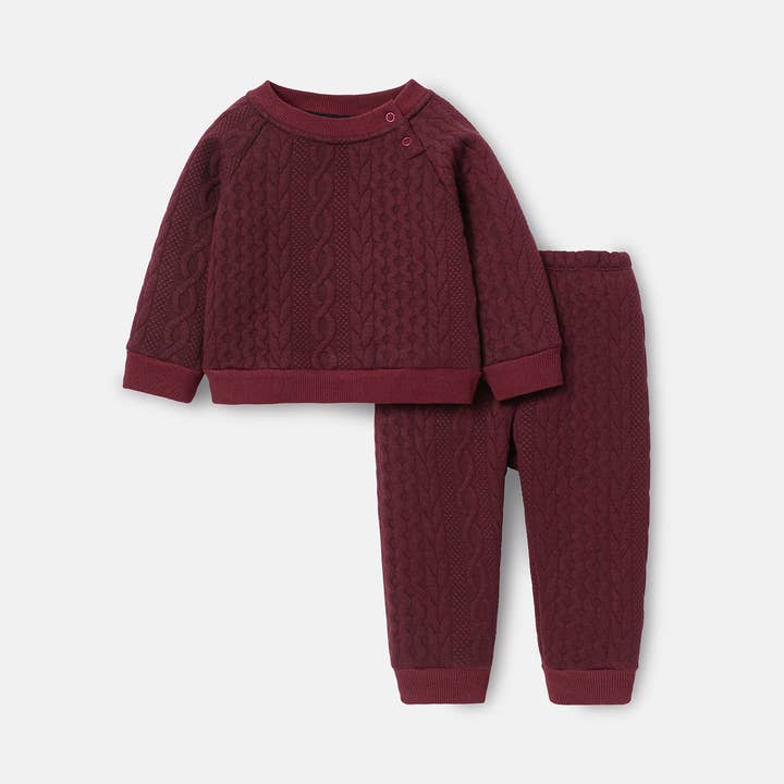PatPat – Großhandel Oberteil-&-Hosen-Set – Baby – Einfarbiges Sweatshirt mit Zopfmuster und elastische Hose für Babys, 2 Stück0