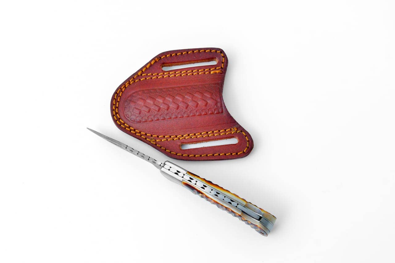 Titan International - Wholesale Pocket Knife/Holder - Stag Horn Style Damascus Folding Knife with Leather Sheath2