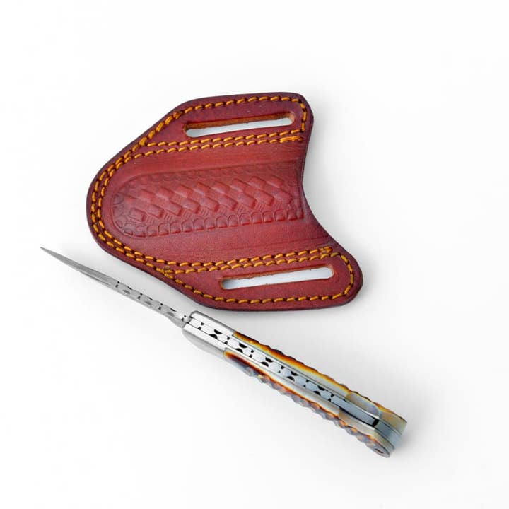 Titan International - Wholesale Pocket Knife/Holder - Stag Horn Style Damascus Folding Knife with Leather Sheath2