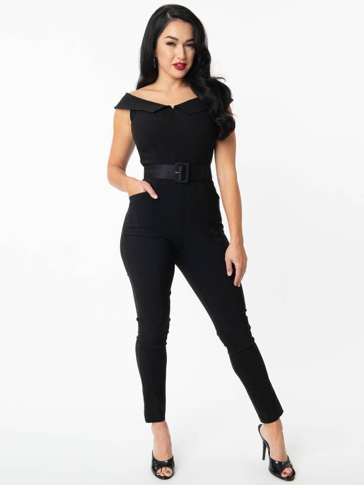 Mono Gillian negro vintage único con hombros descubiertos para venta al por mayor de Unique Vintage