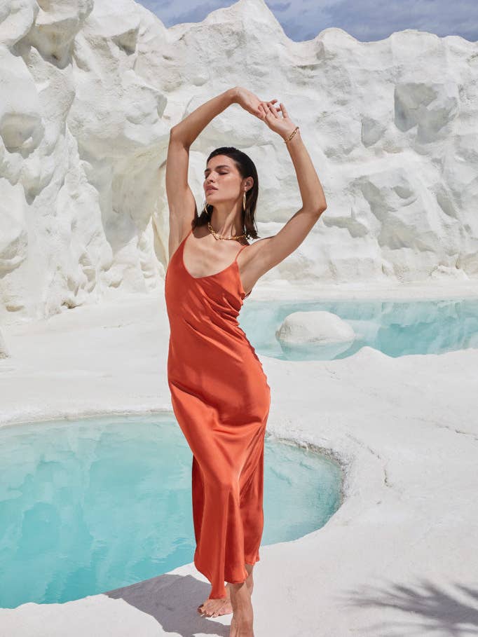 Valentina Long Satin Dress Burnt Sienna for wholesale by Black Book The Label