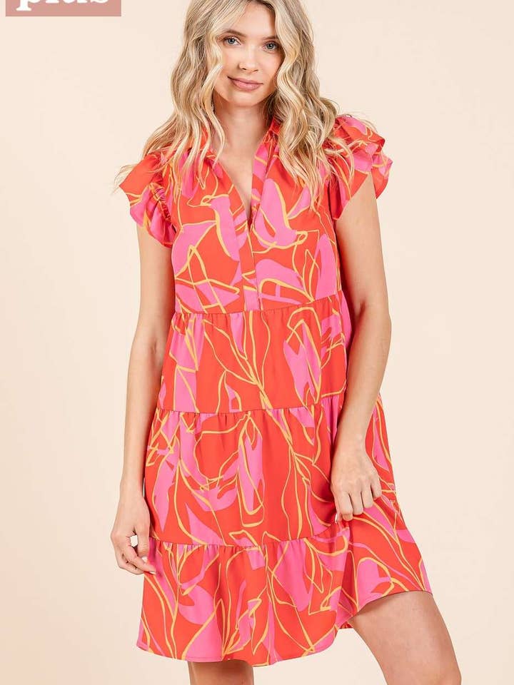 mittoshop - Wholesale Dress - Women's - PLUS LEAF PRINT RUFFLE SLEEVE TIERED MINI DRESS