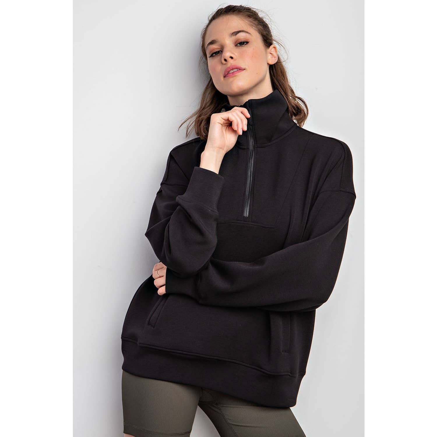 Rae Mode - Vendita all'ingrosso Felpa - Donna - PULLOVER CON COLLO A IMBUTO E ZIP A QUARTO IN MODAL SCUBA0