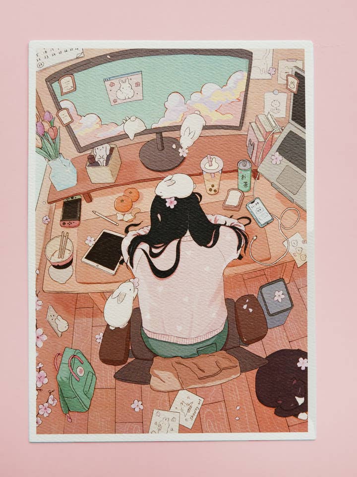 Fille dans la chambre avec imprimé de lapins pour la vente par Shooley