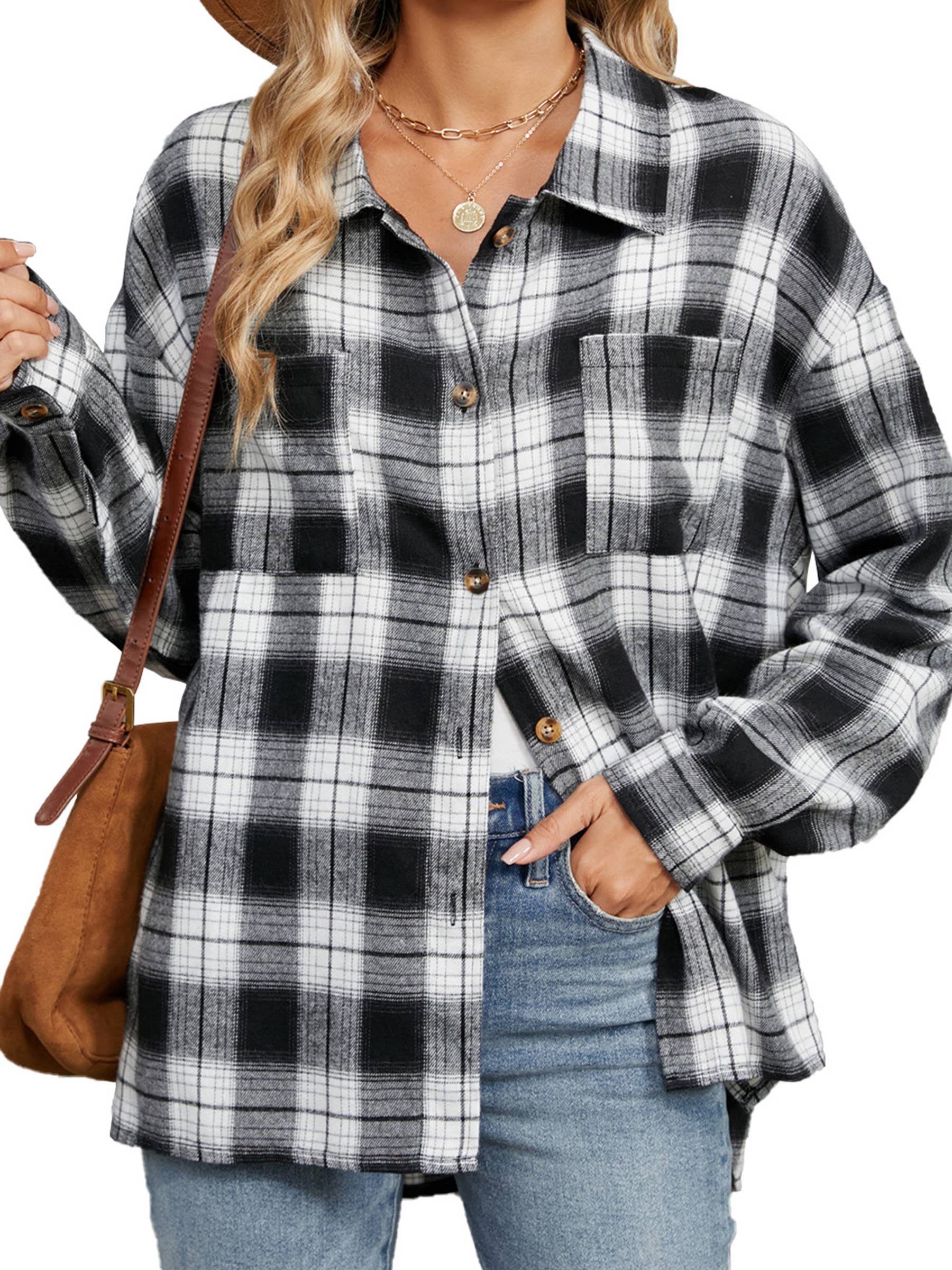 Wholesalesir - Wholesale Button Down Shirt - Women's - Collar Long Sleeved Pocket Button Checkered Top1