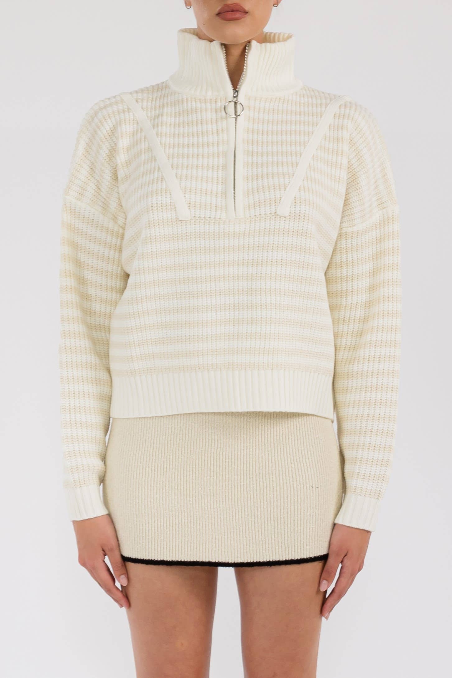 Creamon - Wholesale Knit Sweater - Women's - Preppy Californian Half-zip Striped Sweater-GREEN14