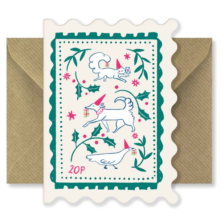 Little Helpers Stamp, Scalloped Christmas Card for wholesale by Bryony Moss Illustration