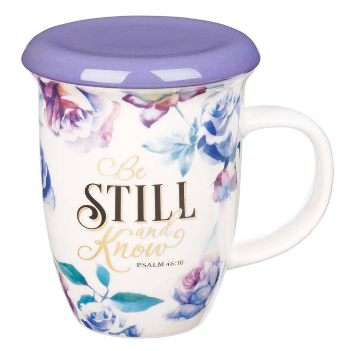 Mug avec couvercle violet/blanc Floral Be Still Ps. 46:10 pour la vente par Christian Art Gifts