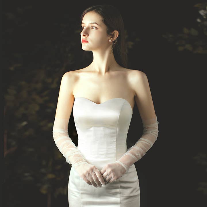 Floris Linens - Wholesale Gloves - Women's - Long Tulle Nylon Sheer Wedding Gloves, White or Black6