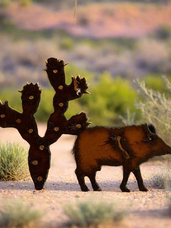 Javelina and Prickly Pear Desert Ornament Rusted Metal Gift for wholesale by Universal Ironworks USA