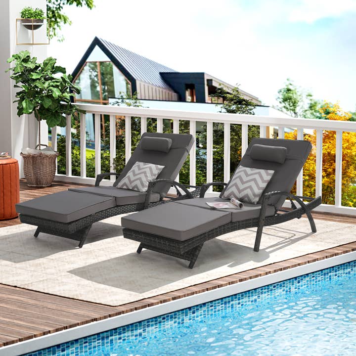 Dark Gray Outdoor Wicker Reclining Chair Set With Cushions for wholesale on Faire